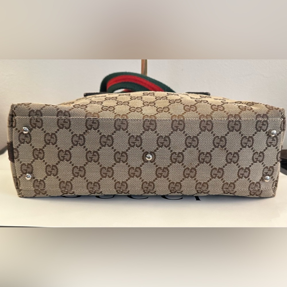 Gucci Beige GG Canvas Tote with Green and Red Striped Handles - Picture 7 of 12